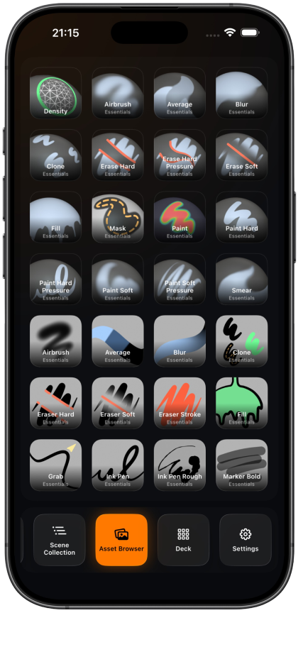 GCDeck Asset Browser showing supported Blender brushes