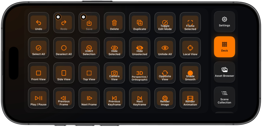 GCDeck control layout displayed on an iPhone in landscape orientation